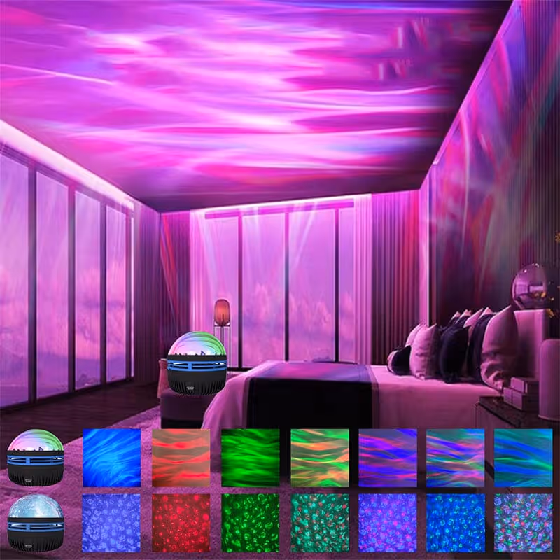 2-in-1 Northern Lights and Ocean Wave Projector illuminating a dark room with colorful moving lights